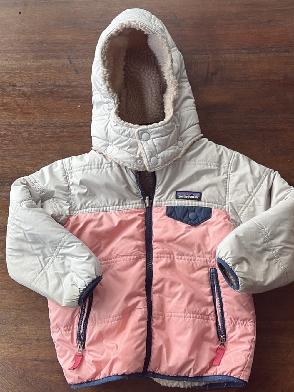 Patagonia Kids Quilted Hooded Puffer Jacket in Light Pink and Cream